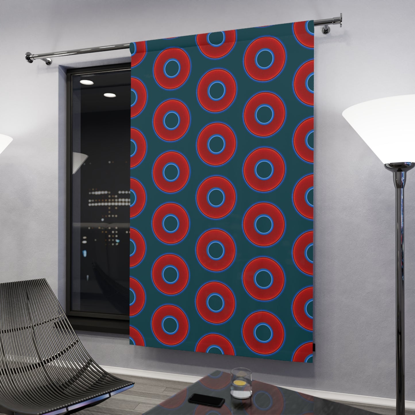 Lump's Heady Curtain w/Donuts - vivid red donut print - w/midnight teal green background - [*1 Piece / 50" x 84"]