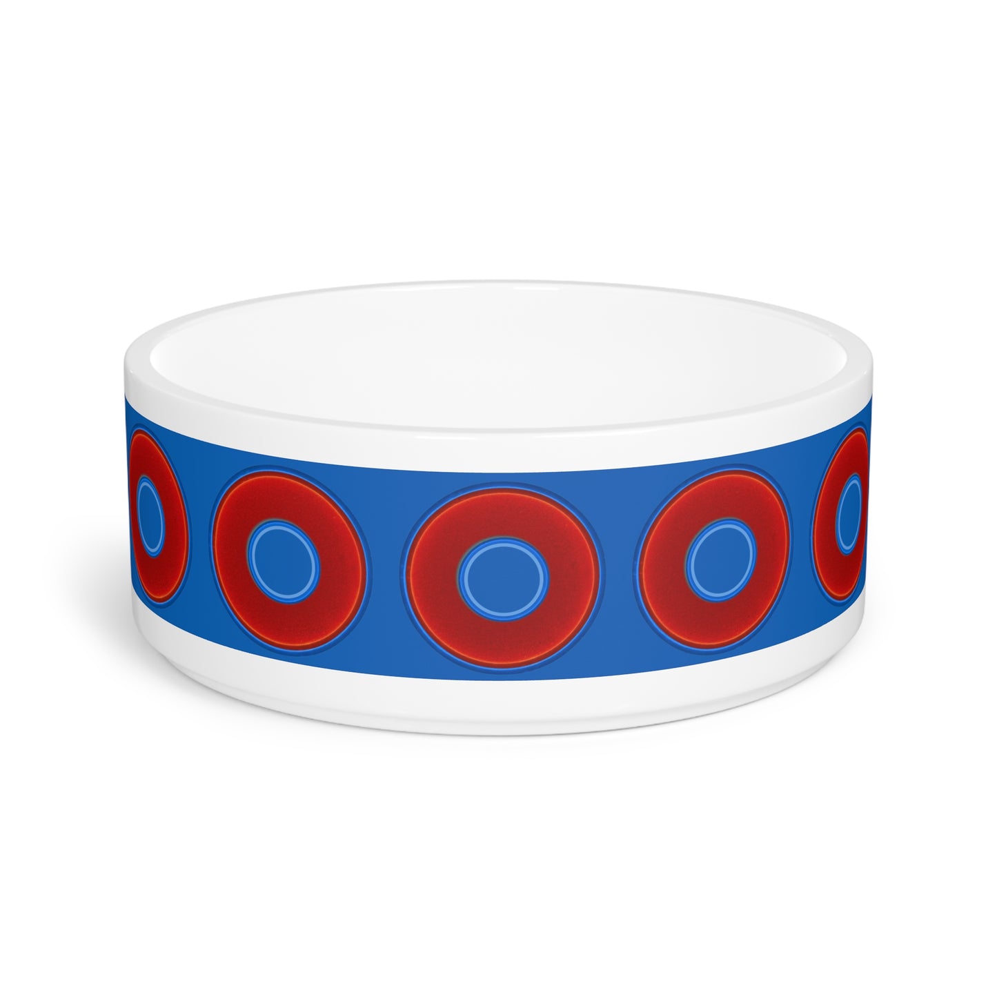 16 oz Lumpy Pet Bowl - vivid red donuts w/dark royal blue background
