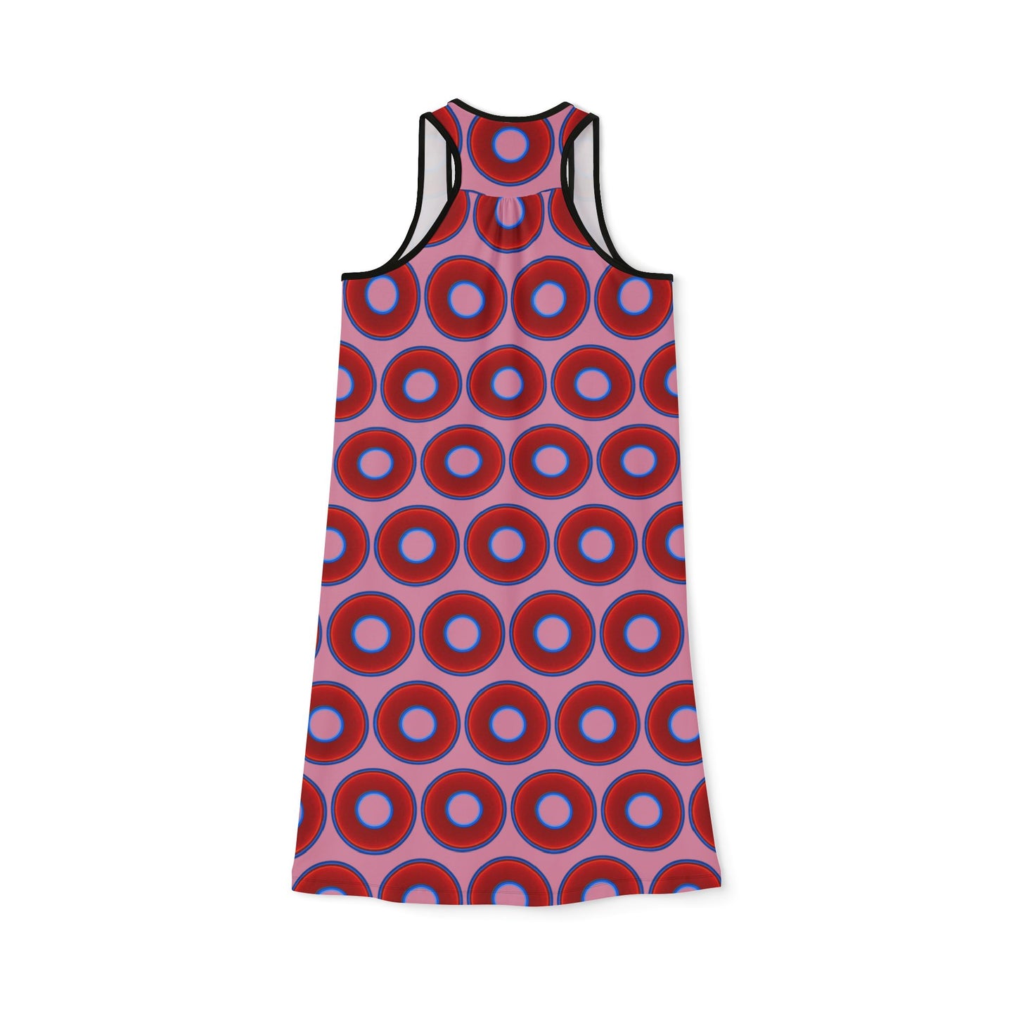 Tela's Lumpy Racerback Donut Dress - red vivid donut print w/pale magenta background