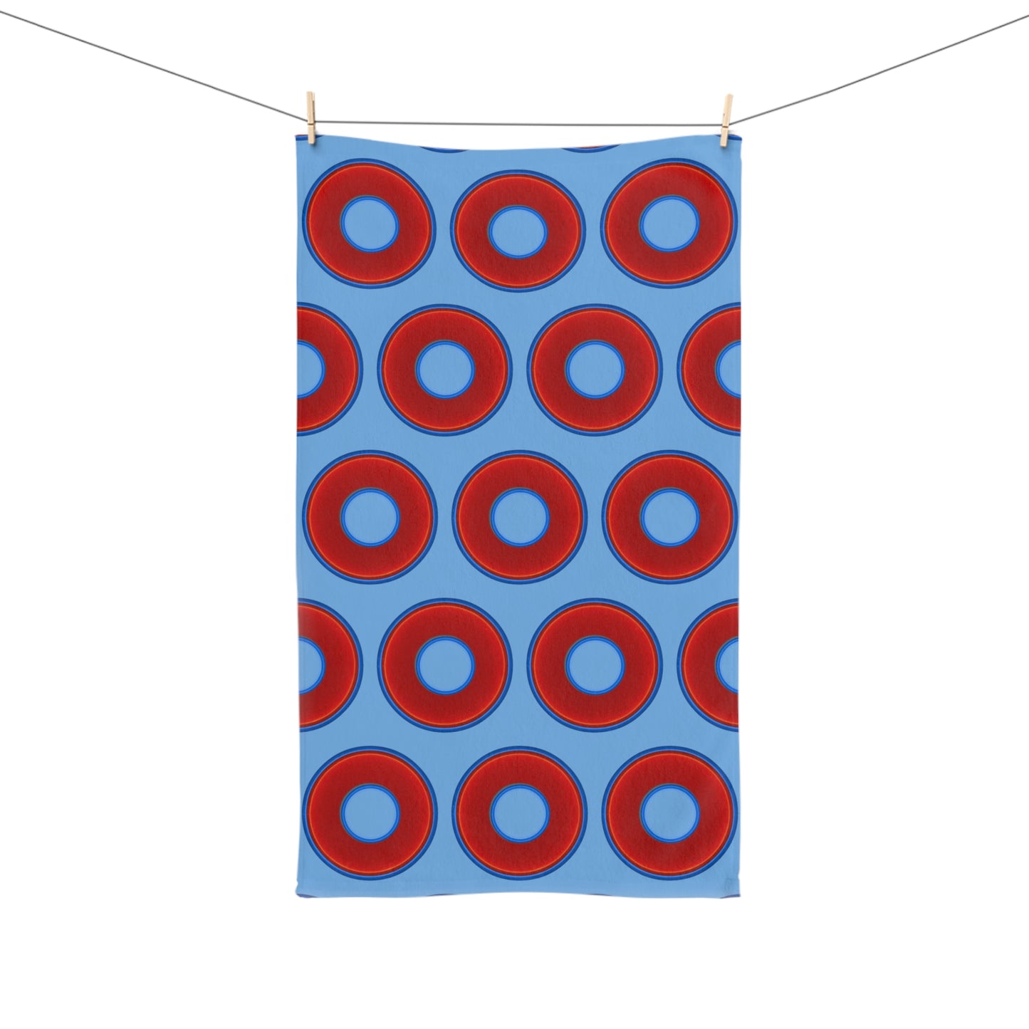 Lumpy Kitchen/Hand Towels - vivid red donuts w/light blue background