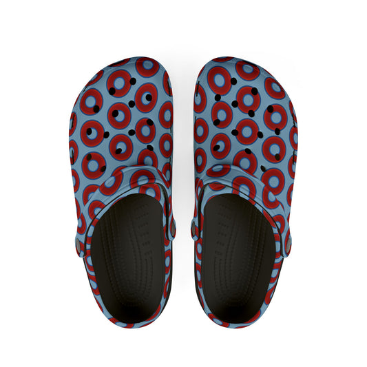 Spatchcocks - donut slip-on shoes - vivid red donuts w/sky blue background [unisex]