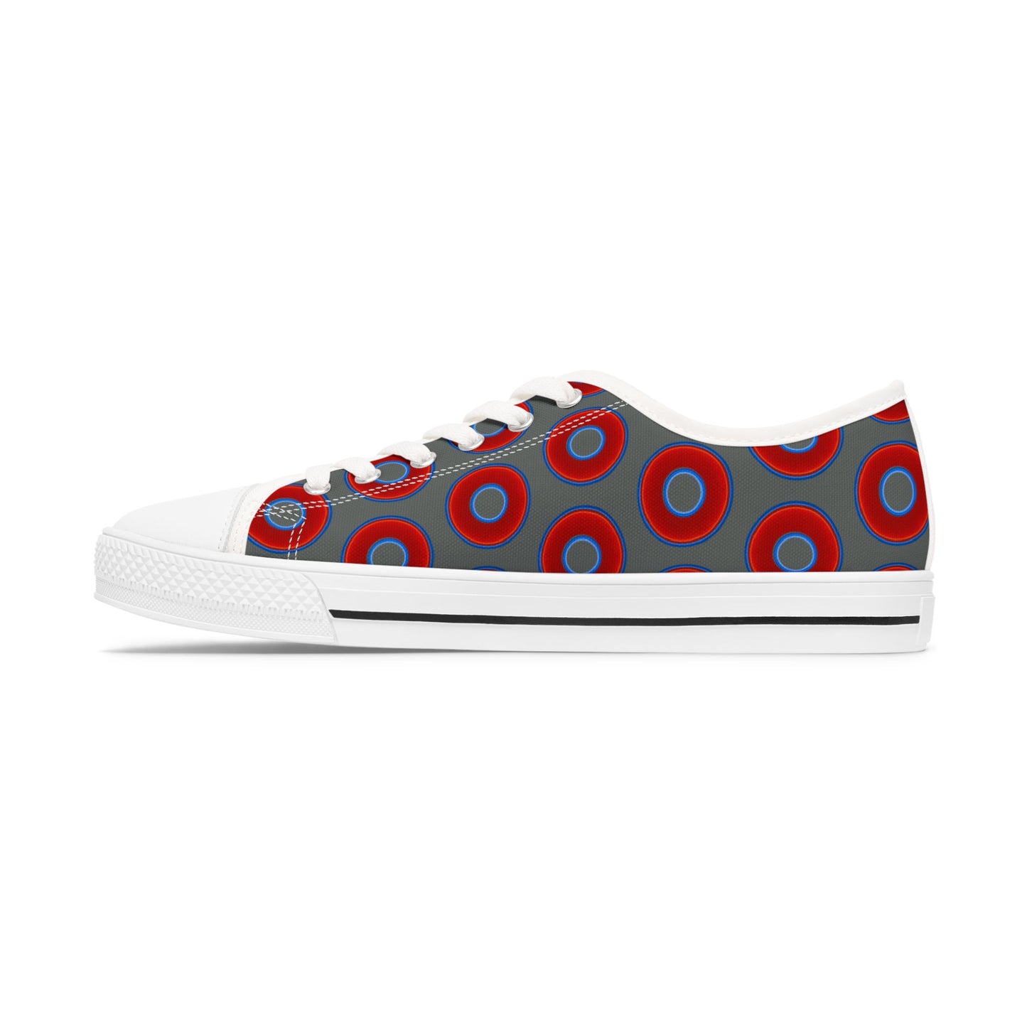 Women's - Low Top Chuck Taylors - large vivid red donut print w/dark gray background