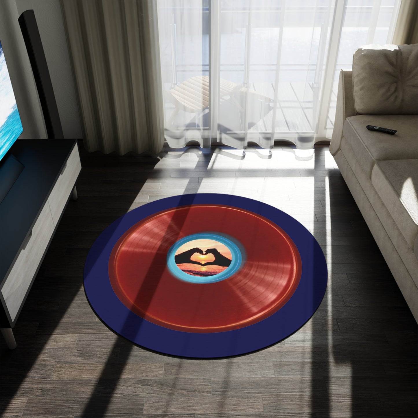 Round Room - 5 ft x 5 ft Lumpy Donut Rug - "Waste of a Perfectly Good Rug" - vivid red record donut w/navy background - variant 1