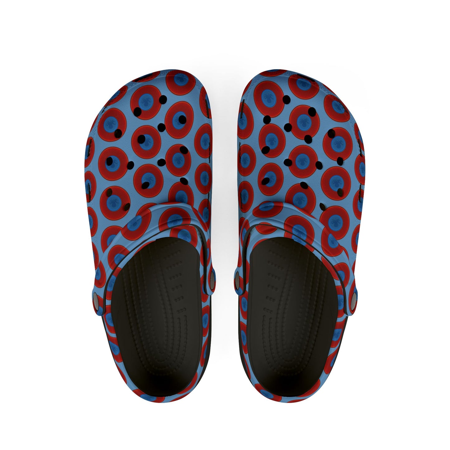 Spatchcocks - donut slip-on shoes - "Roger Moore's Octopussy Donut" - red vivid donuts w/light blue background [unisex]