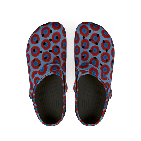 Spatchcocks - donut slip-on shoes - "Roger Moore's Octopussy Donut" - red vivid donuts w/light blue background [unisex]