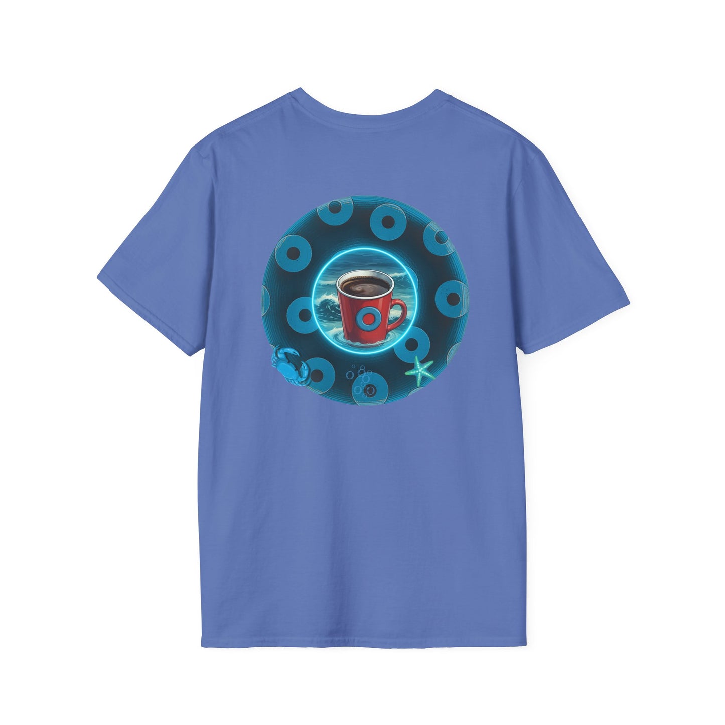 Lumpy Coffee Traders Tee - Unisex Soft-Style - "Good to Last Leaky Drop" - paradoxical ocean donut - variant 1 - logo front/coffee back