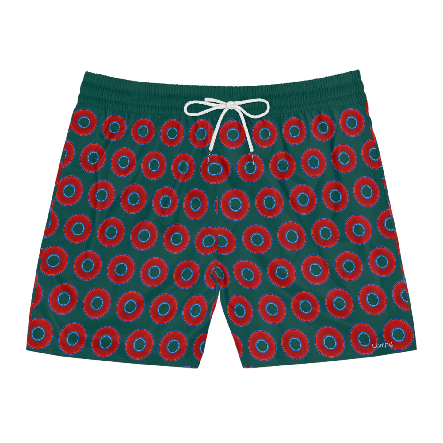 Men's Lumpy Swim Trunks - vivid red donut print w/dark Fenway green background