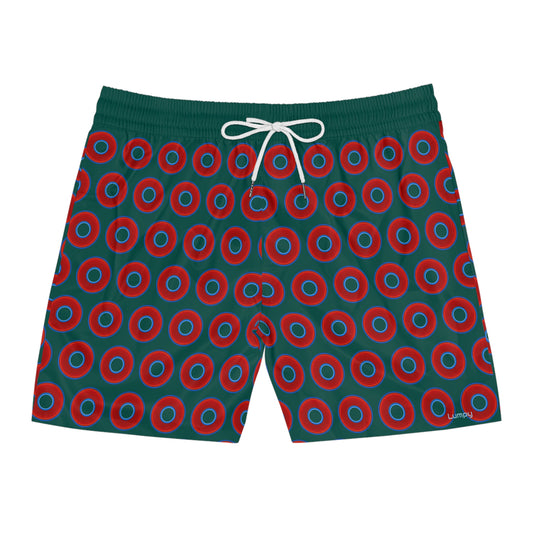 Men's Lumpy Swim Trunks - vivid red donut print w/dark Fenway green background