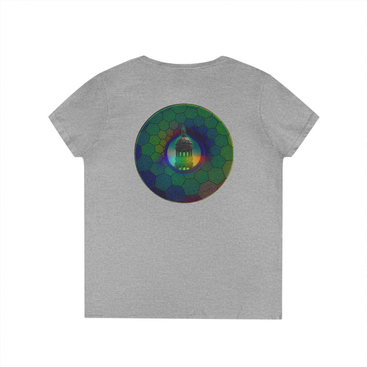 Women's Donut V-Neck Tee - "Save the Mondegreen City Hall Clock Tower" - variant 1 - green hexadonut w/