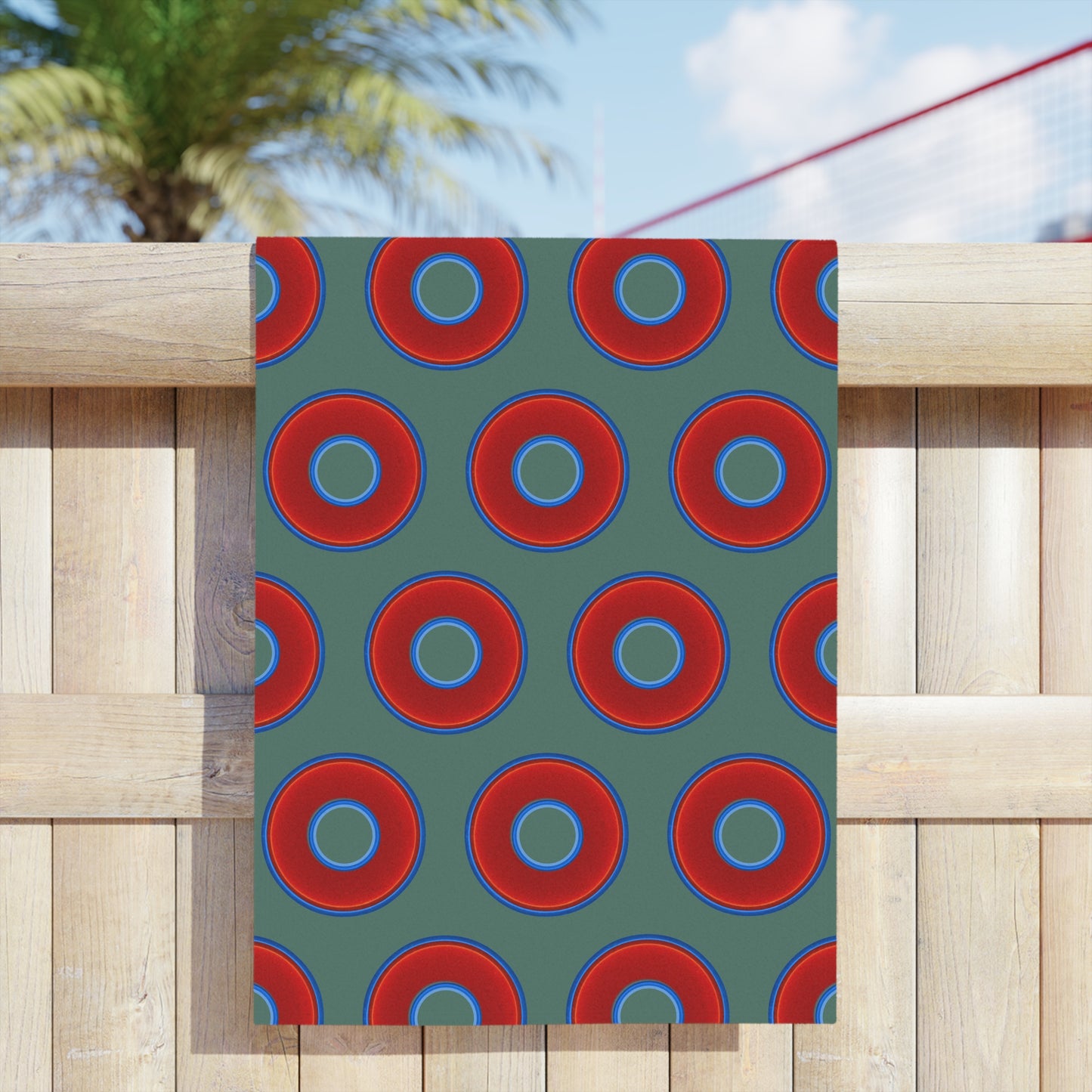 Lumpy Donut Towels - vivid red donuts w/Fenway green background