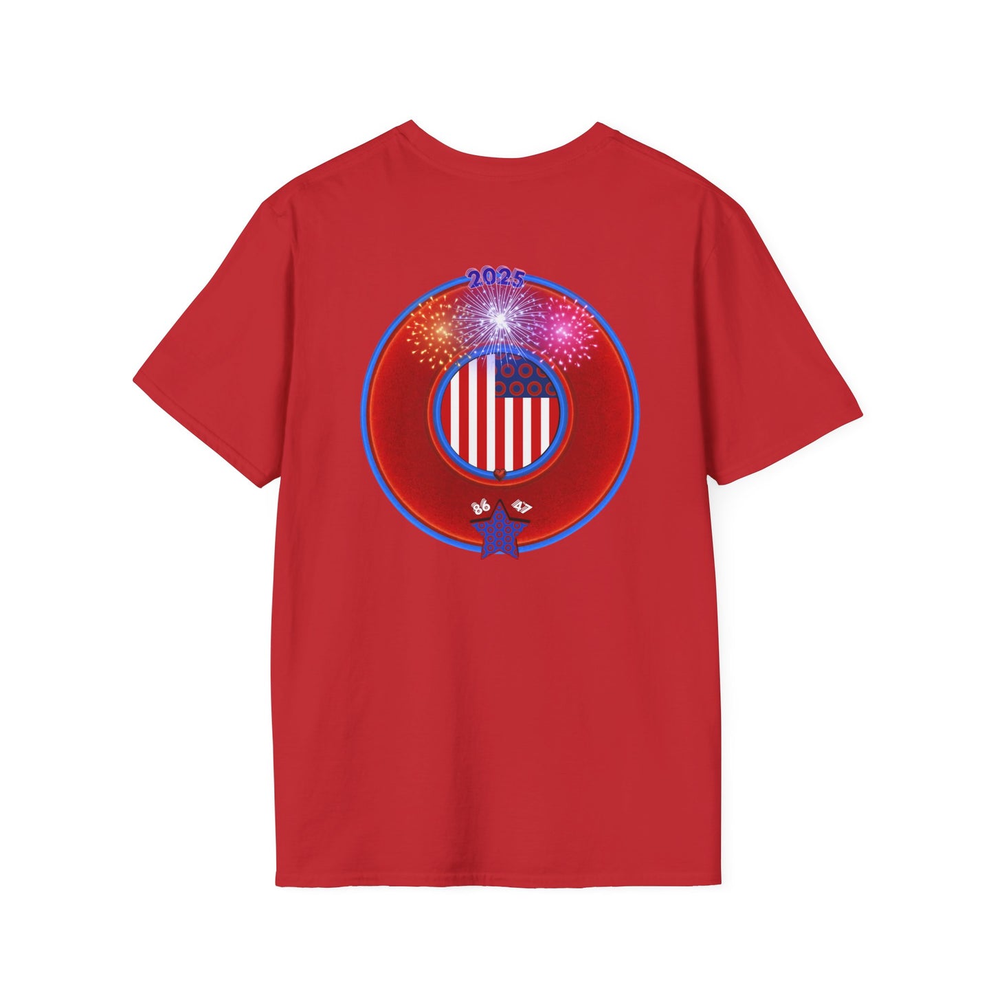 Classic Donut Tee - Unisex Soft-Style - "One Indivisible Donut" - vivid red phreedom donut - w/fireworks - variant 3