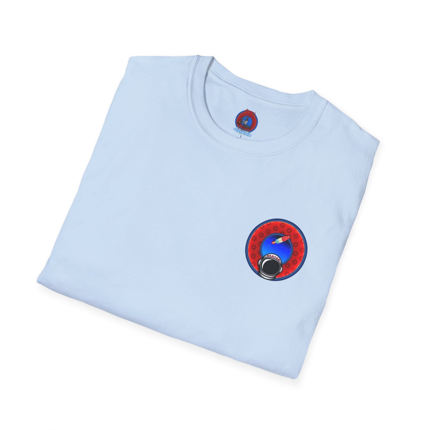 Classic Donut Tee - Unisex Soft-Style - "This is What Donuts Smell Like in Space - YEMSG Donut" - red/blue widemouthed paradox donut