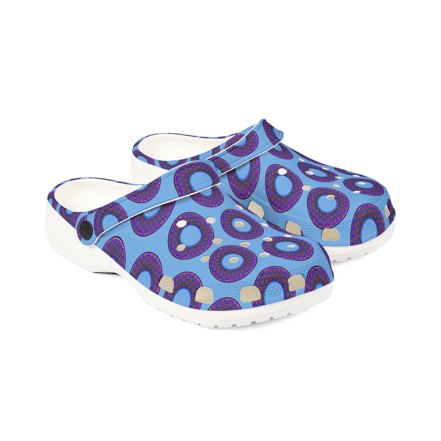 Spatchcocks - donut slip-on shoes - paradoxical weathered blue/red donuts w/light blue background [unisex]