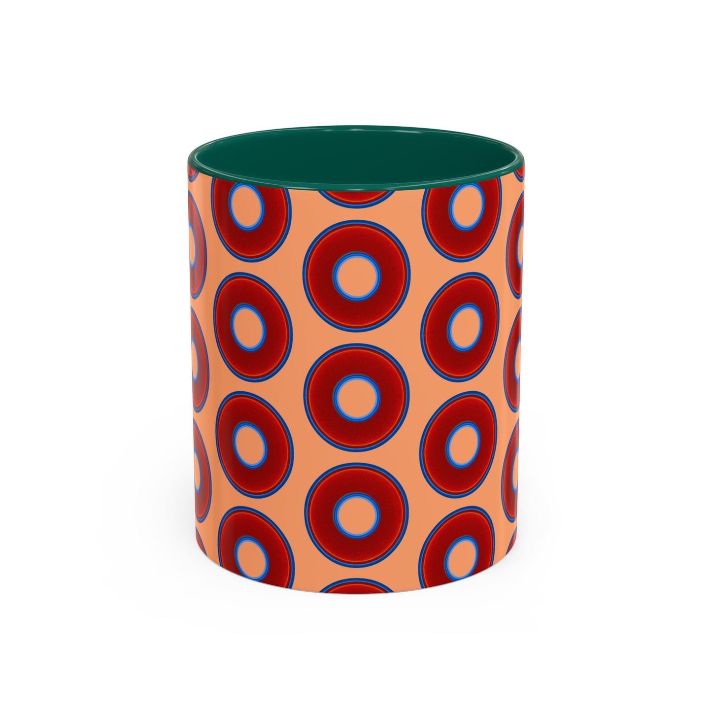 Lump's Grumpy Coffee Mug - vivid red donuts w/peach background