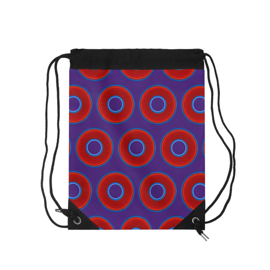 Lumpy Donut Drawstring Bag - red vivid donuts print w/purple background