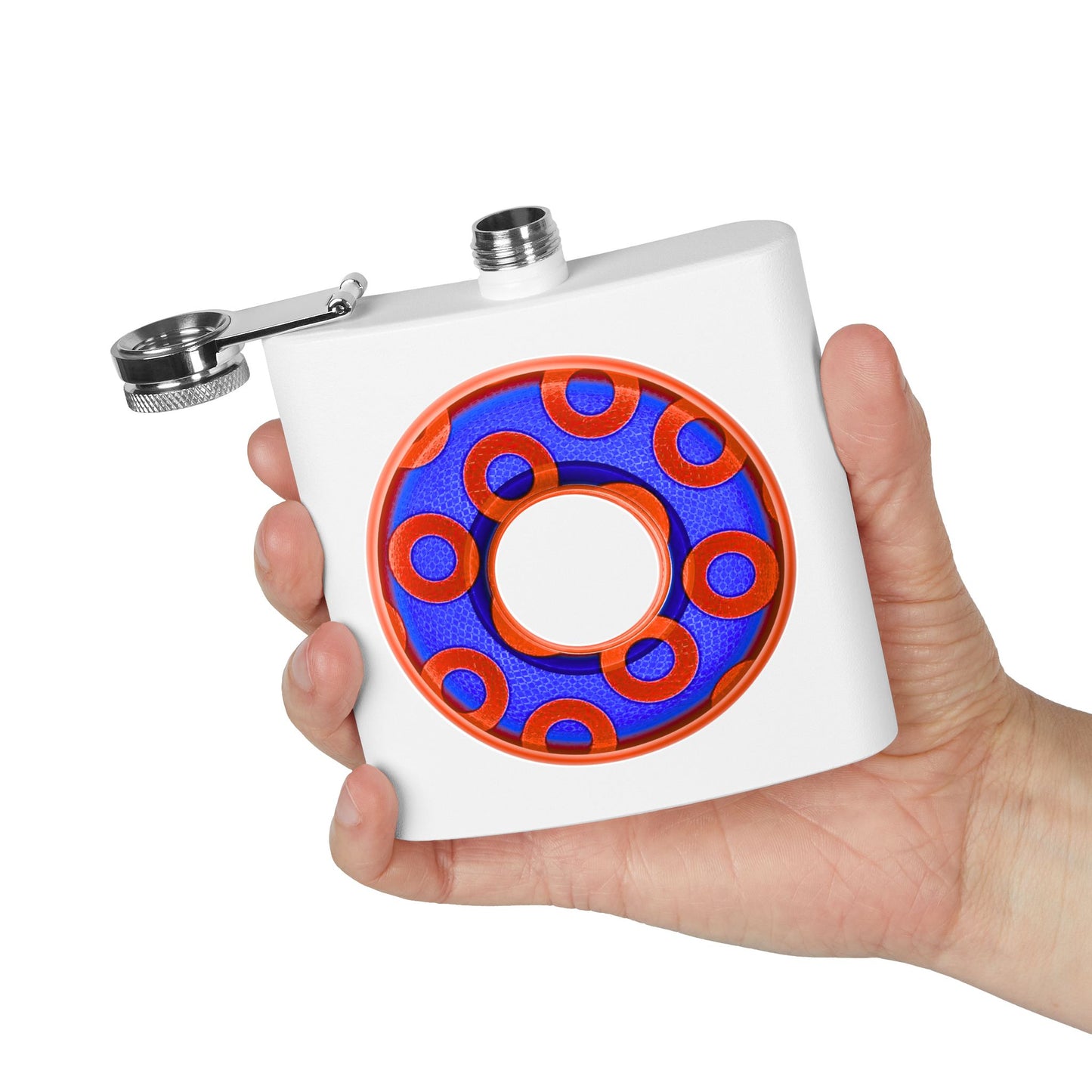 Lump's Donut Flask 6 oz -  Red/Blue Rustic Paradox Donut - [*w/your choice of 5 backgrounds]