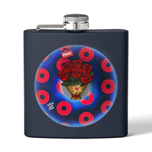Lump's Donut Flask 6 oz -  "Donuts R Phree" - red/blue rustic donut - [*w/your choice of 6 backgrounds]