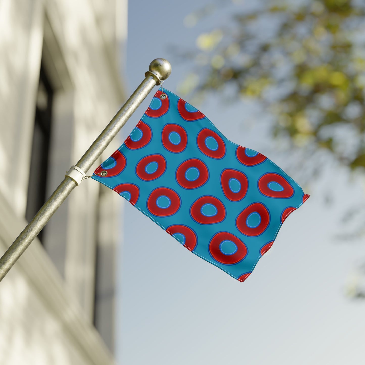 Lumpy Flagpole Sitters - Donut Flags [12" x 18"] - red vivid donut print w/aquamarine blue background