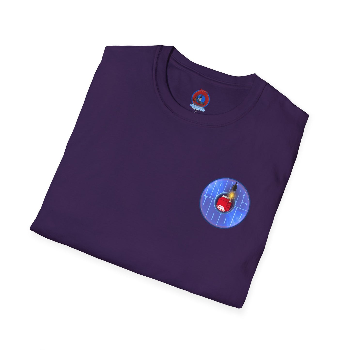 Classic Donut Tee - Unisex Soft-Style - "Harry Left His Shirt" - series 1.0  - variant 4 - purple/blue donut - w/light on