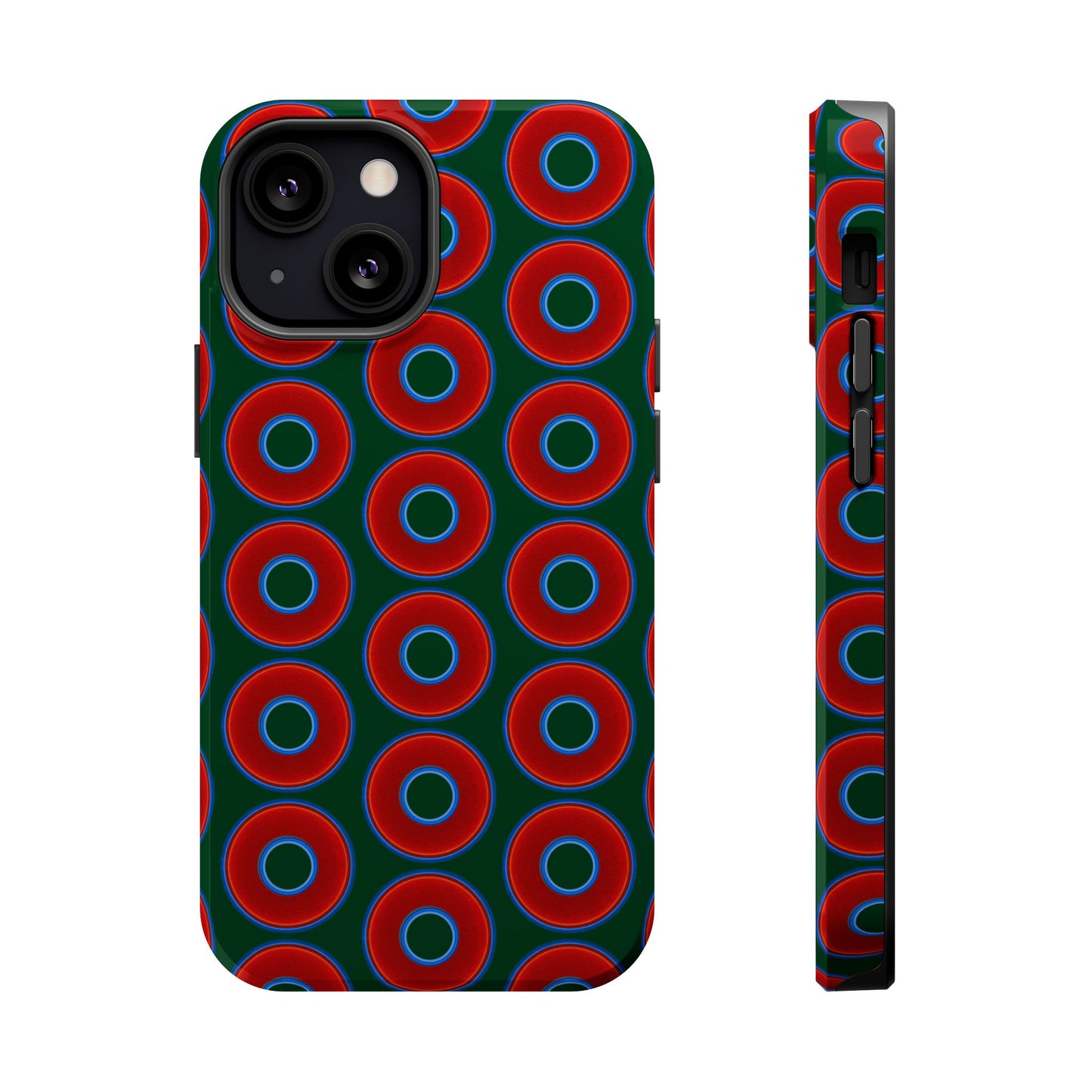 Magnetic Tough Donut Case - red vivid donut print w/deep pond green background