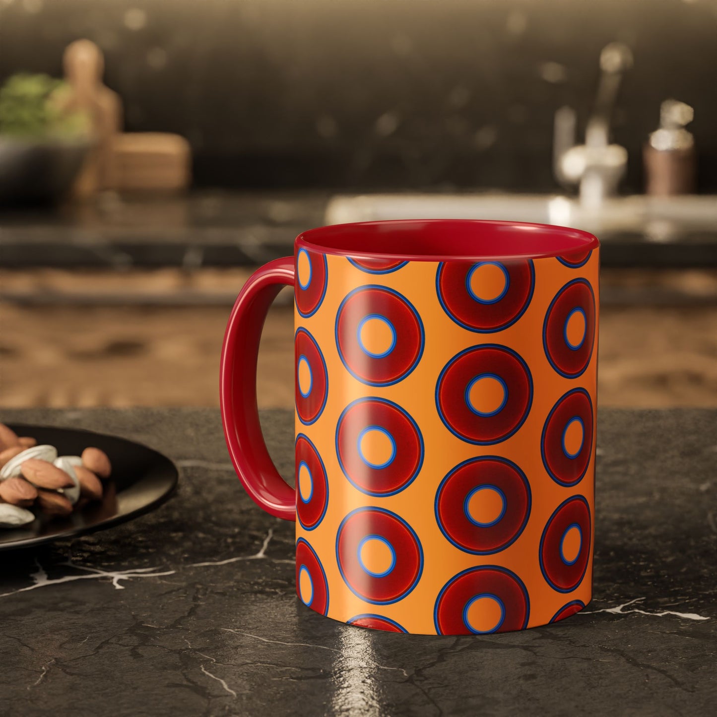 Lump's Grumpy Coffee Mug - vivid red donuts w/creamsicle orange background