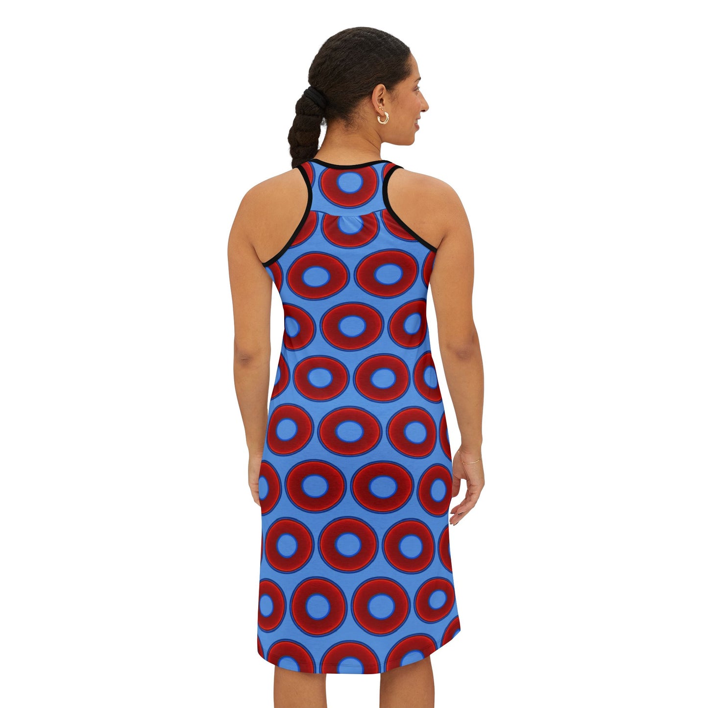 Tela's Lumpy Racerback Donut Dress - red vivid donut print w/light blue background