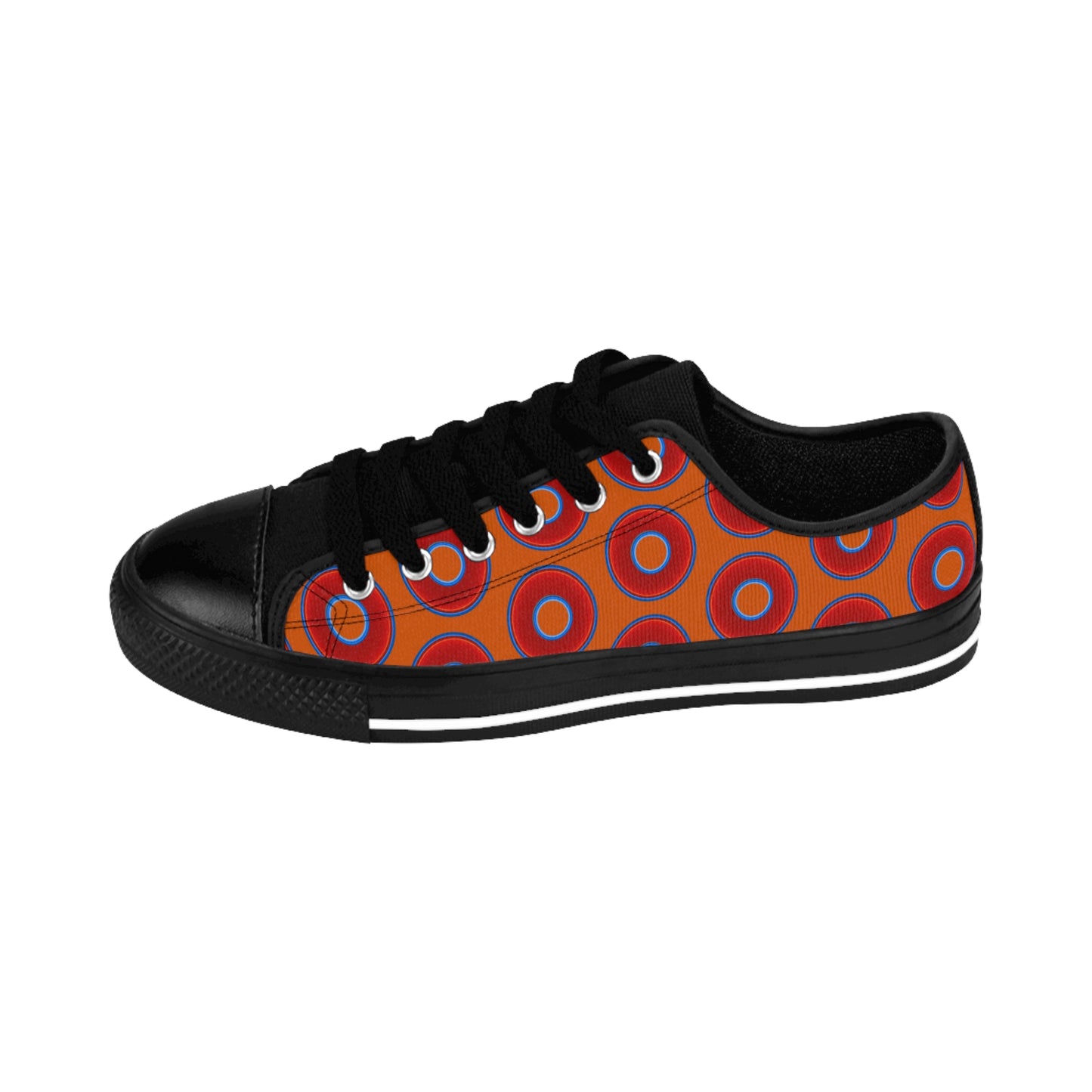 Men's Cushiony Convectors - Low Top - large red vivid donut print w/dark orange background