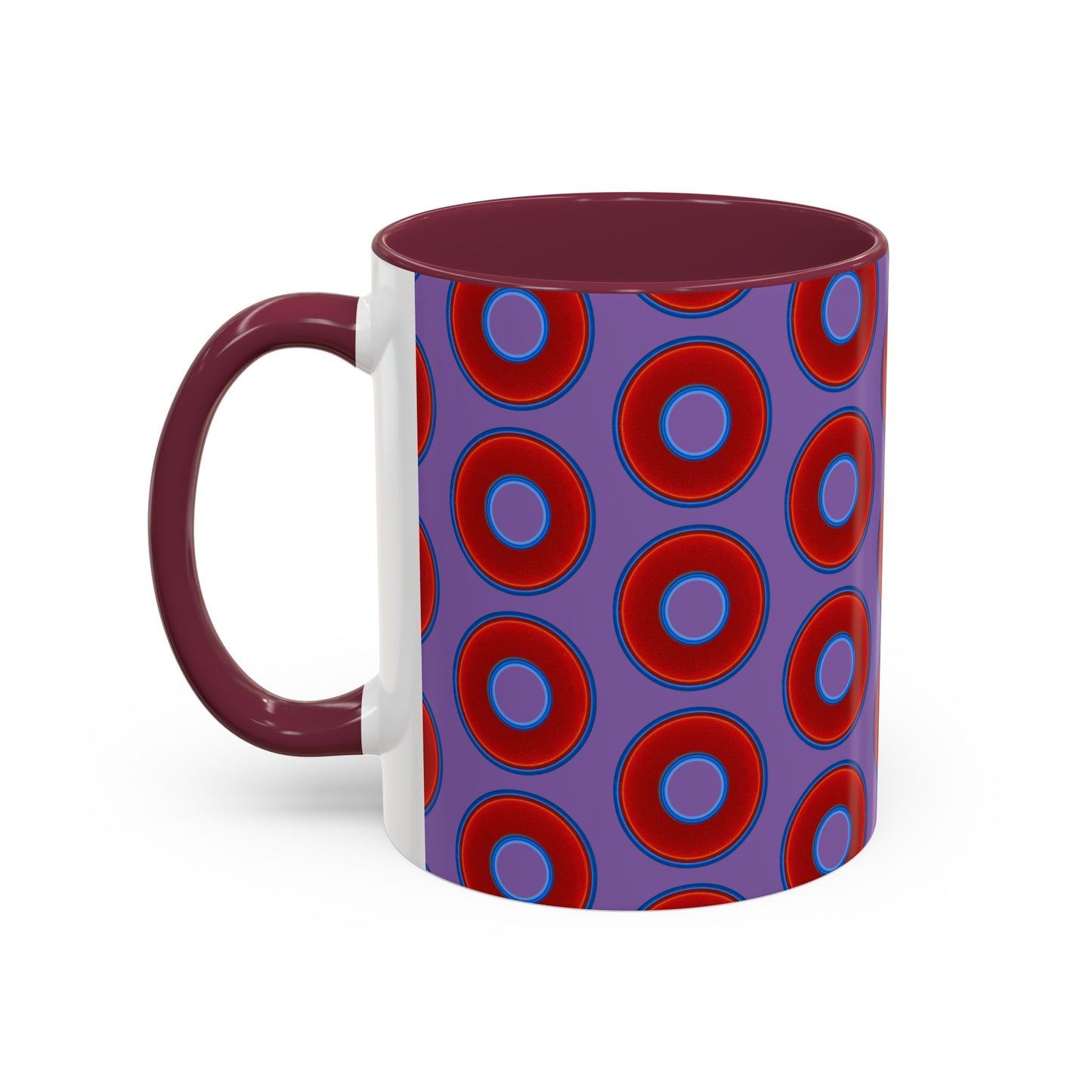 Lump's Grumpy Coffee Mug - vivid red donuts w/light purple background