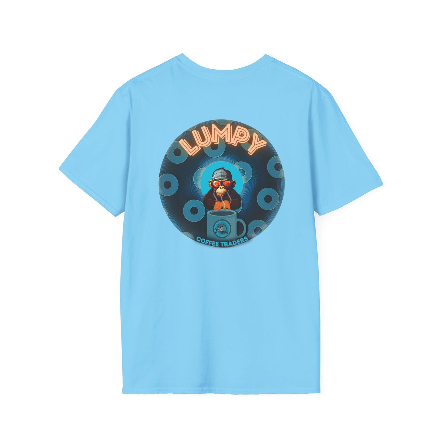 Coffee Traders Tee - Unisex Soft-Style - "Tasty Coffee" - paradoxical donut/cubed blue donut - variant 1 - It's Ice Cube's front/logo back