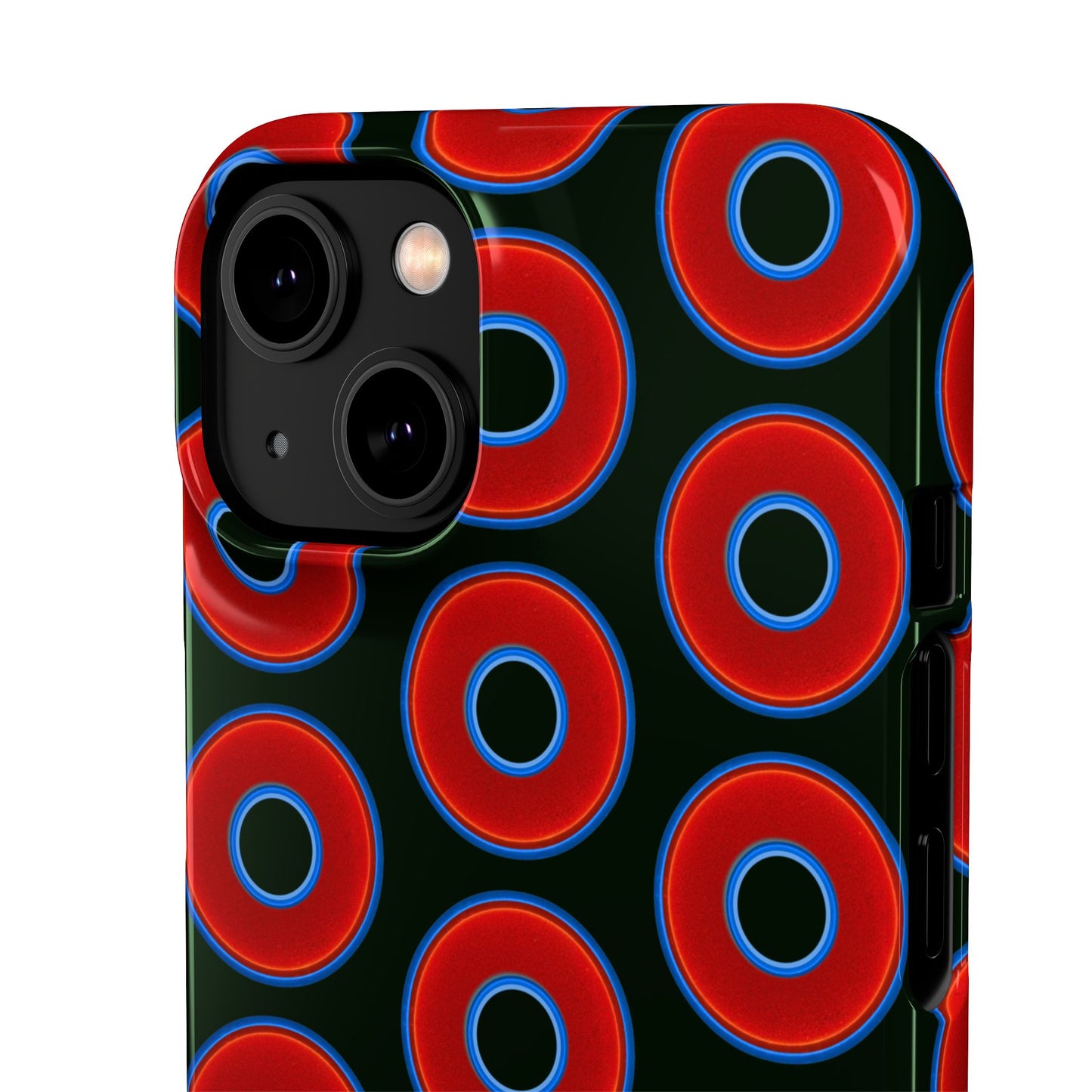 Lumpy Donut Snap Case - red vivid donut print w/midnight moss green background