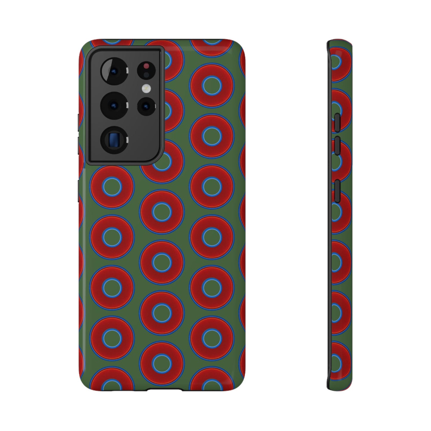 Impact-Resistant Lumpy Donut Case - red vivid donut print w/dark green background