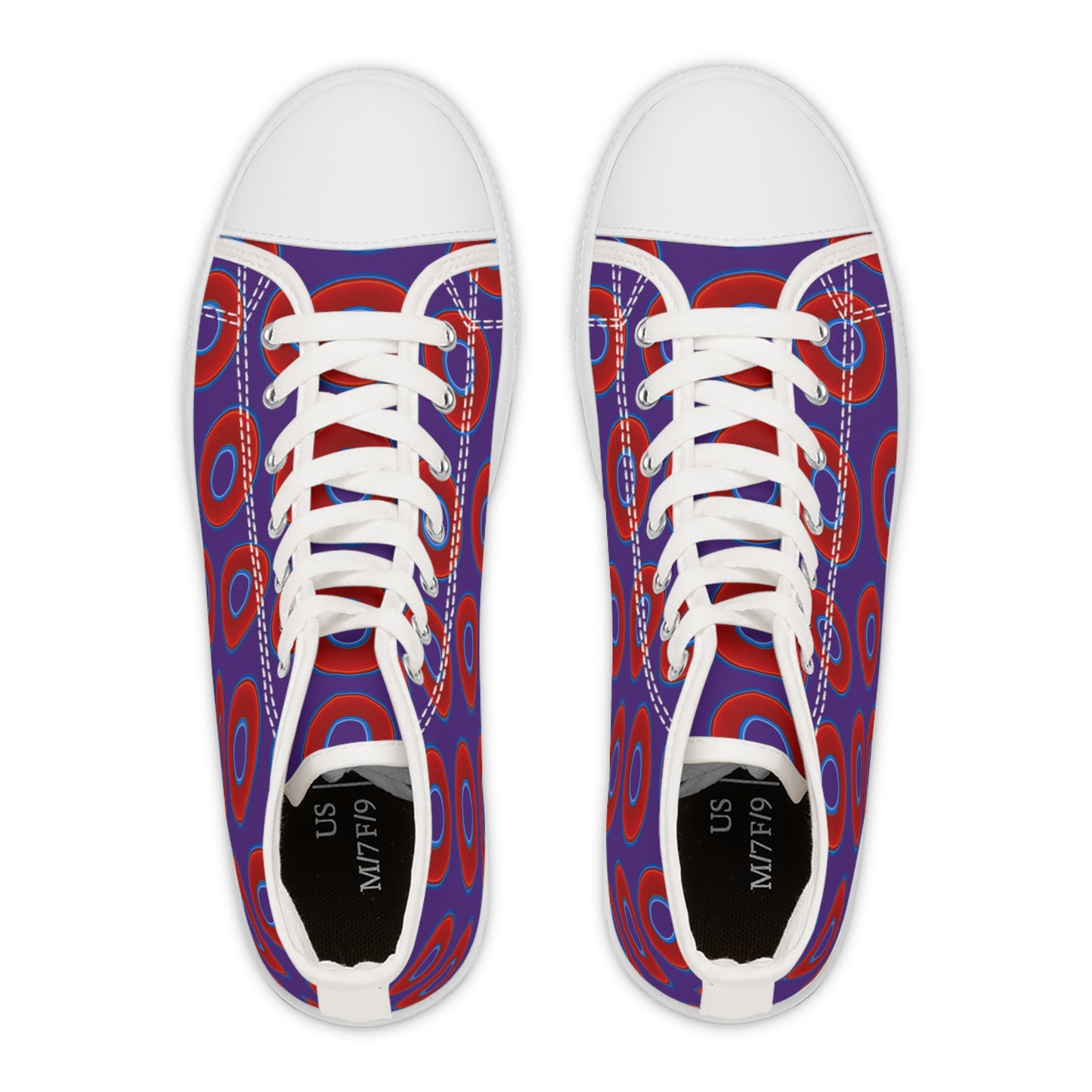 Women's High Top Chuck Taylors - large vivid red donut print w/purple background