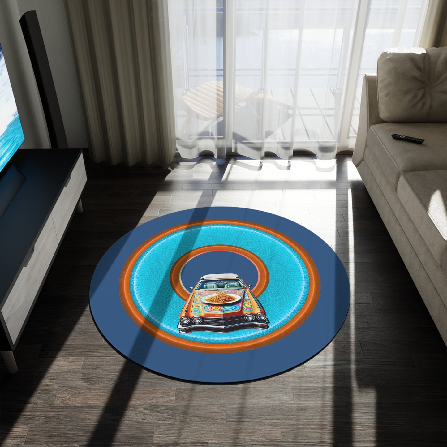 Round Room - 5 ft x 5 ft Lumpy Donut Rug - "Caddy Spaghetti Incident Donut Rug" - rustic light blue/orange donut w/light navy background - variant 3