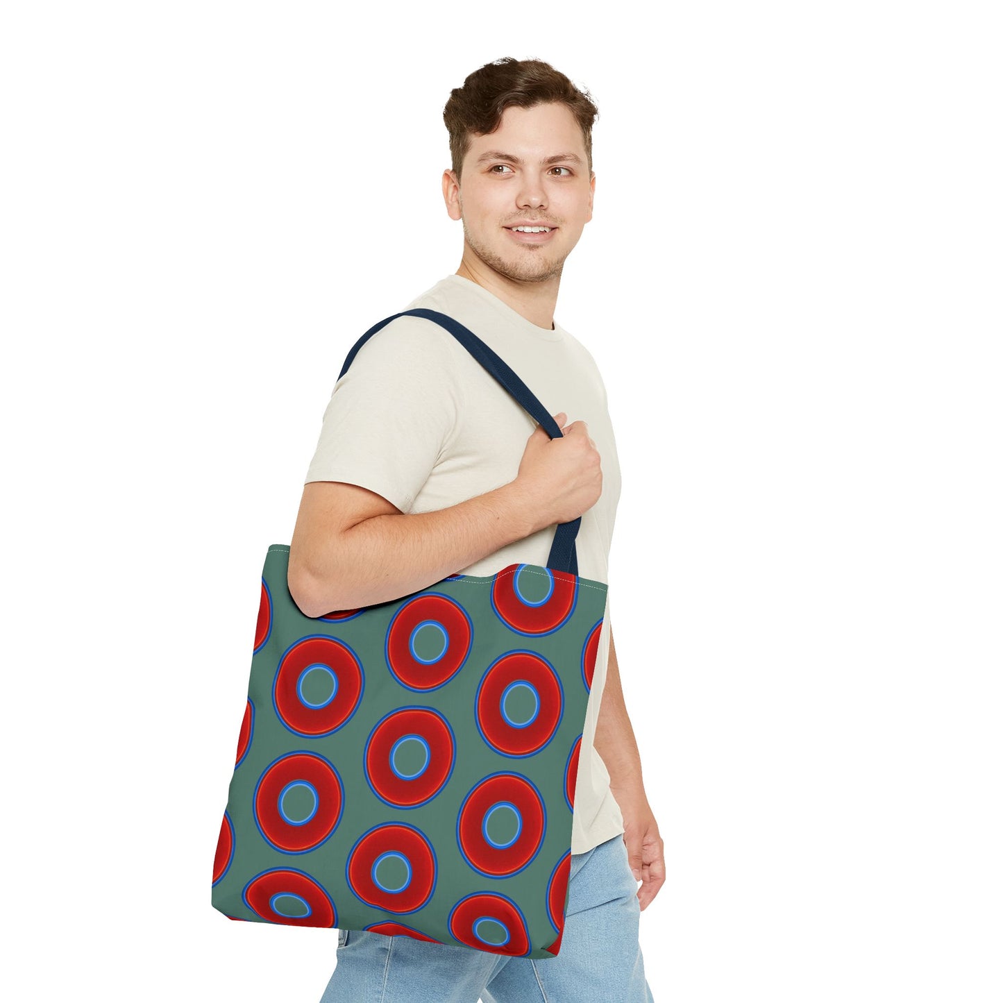 Lumpy Beach/Tote Bag - red vivid donuts w/Fenway green background