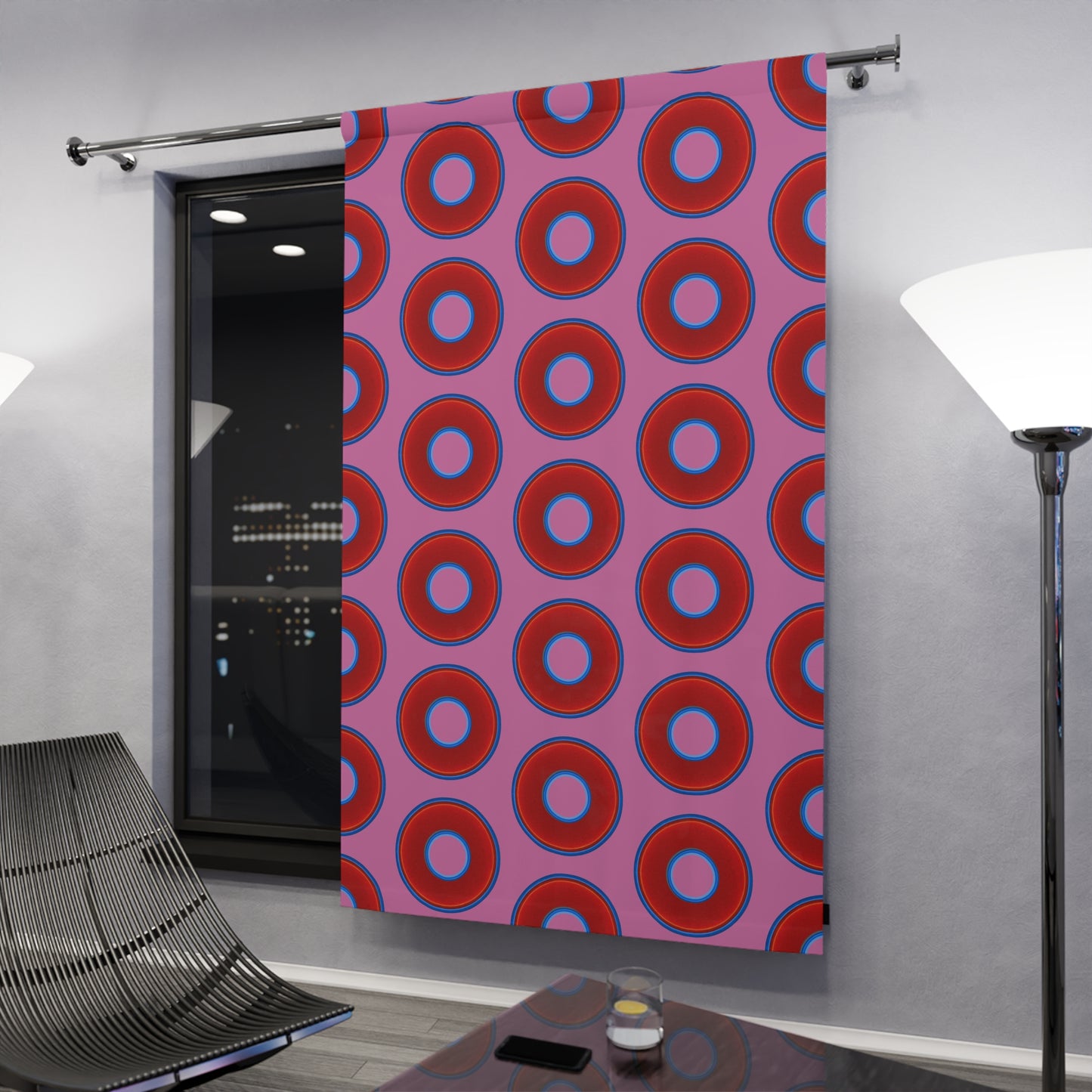 Lump's Heady Curtain w/Donuts - vivid red donut print - w/pink background - [*1 Piece / 50" x 84"]