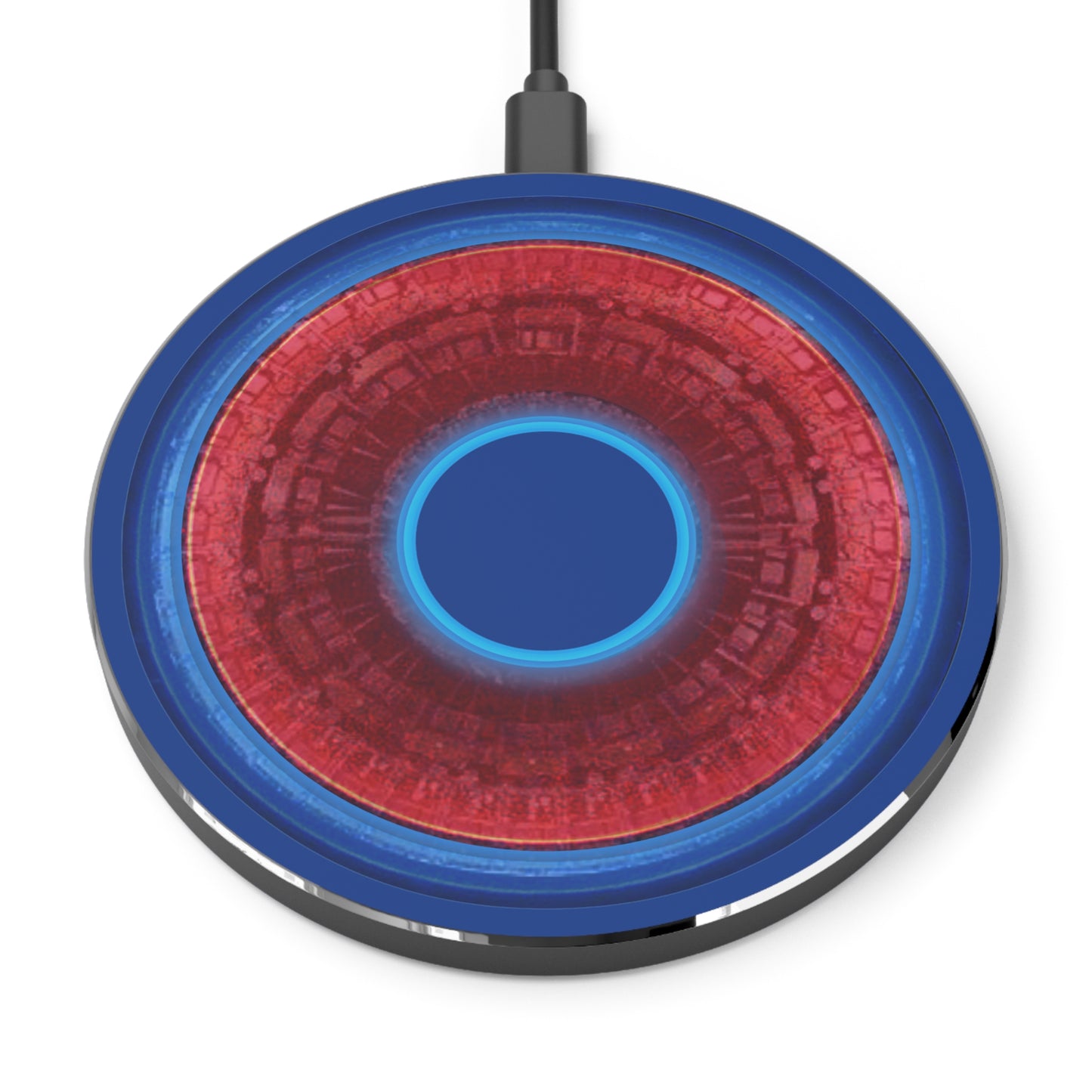The Flow - Wireless Lumpy Donut Chargers - "Homer's Perfect Wireless Donut Charger" - vivid red/blue tube donut w/dark blue background - variant 3