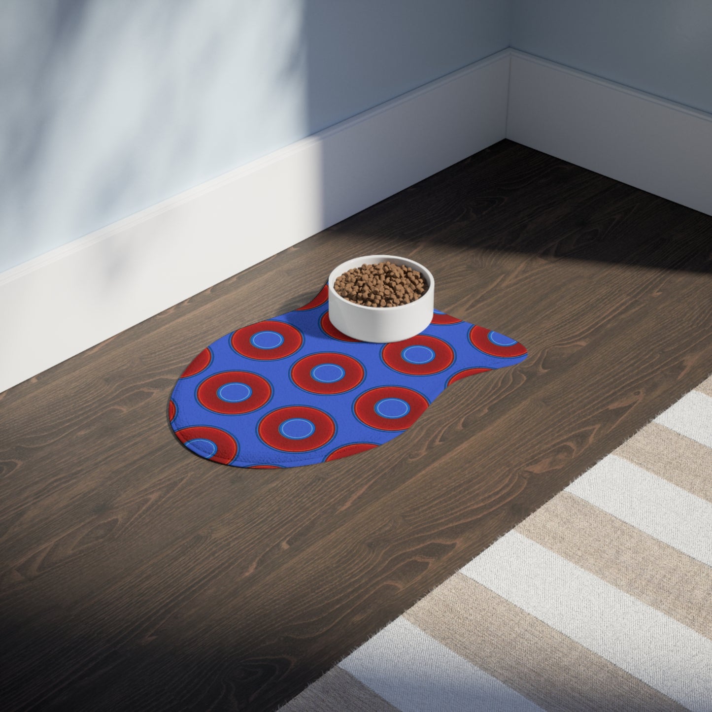 Wendy's Lumpy Pet Feed Mat - vivid red donuts w/royal blue background