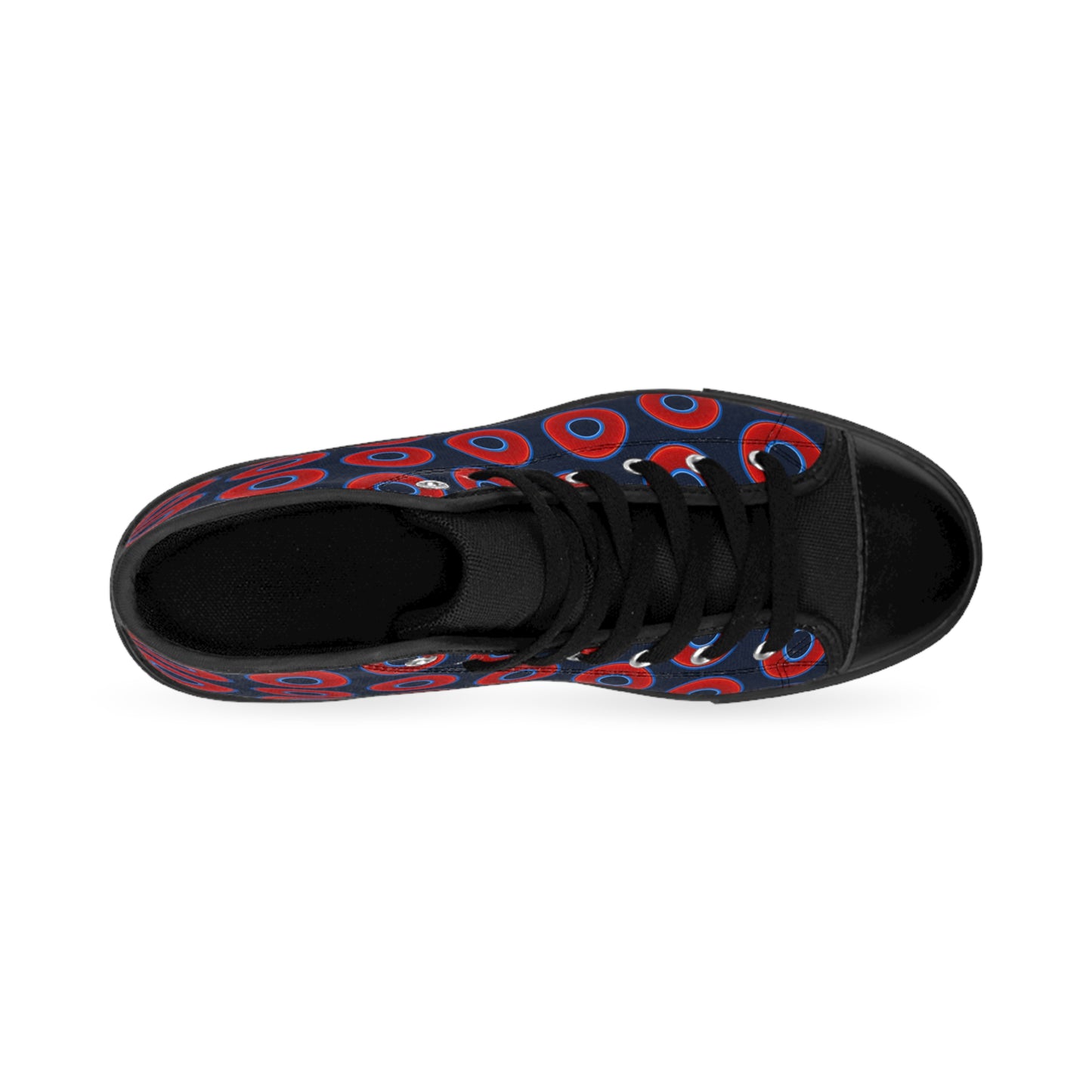 Cushiony Convectors - High Tops - red vivid donuts w/dark teal blue elite background