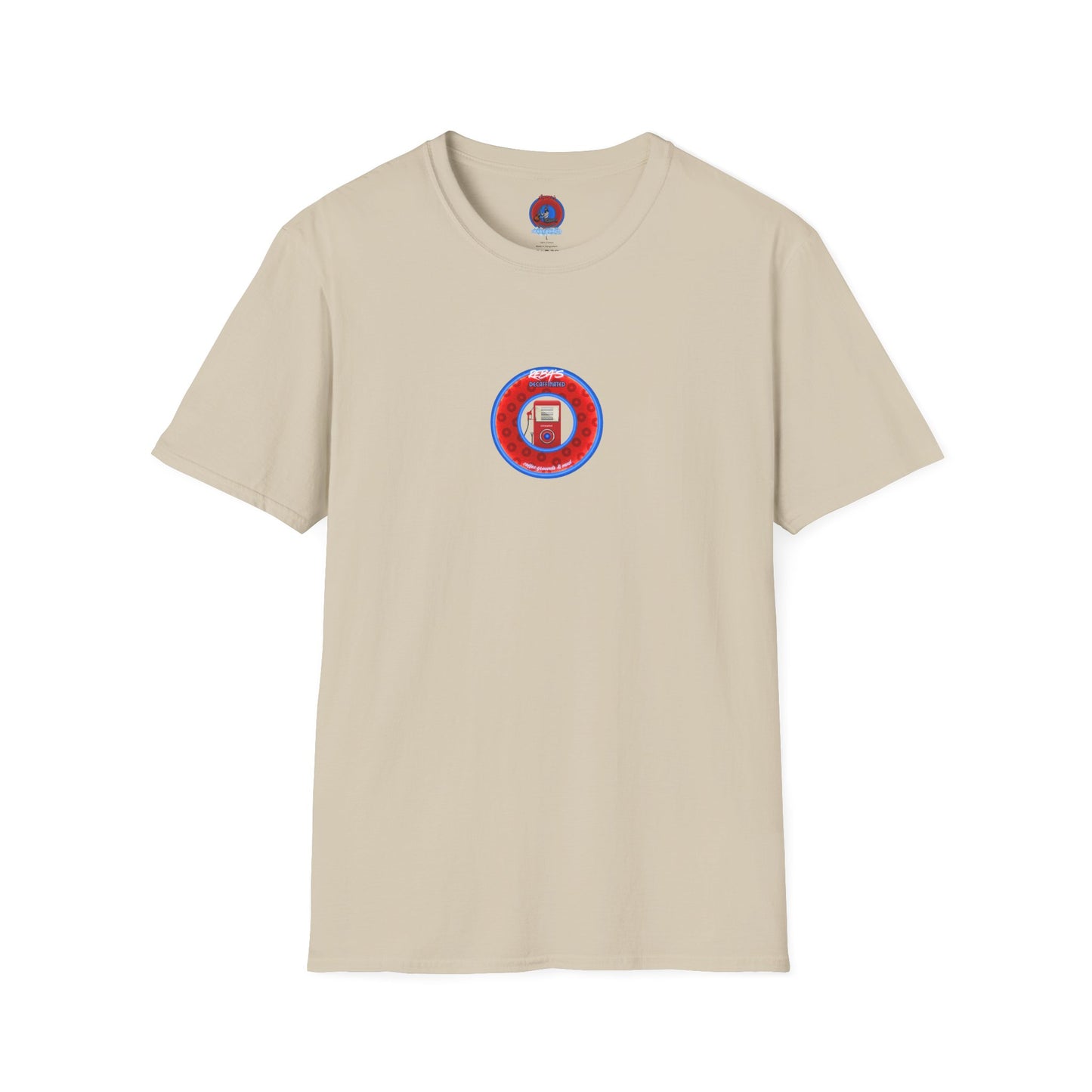 Coffee Traders Tee - Unisex Soft-Style - "Reba's Decaf: Coffee Grounds & Mud " - paradoxical donut - variant 3- front Reba/back logo