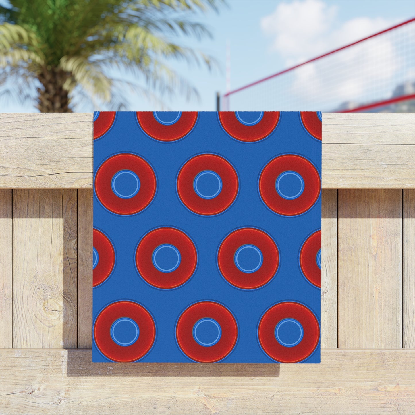 Lumpy Donut Towels - vivid red donuts w/dark royal blue background