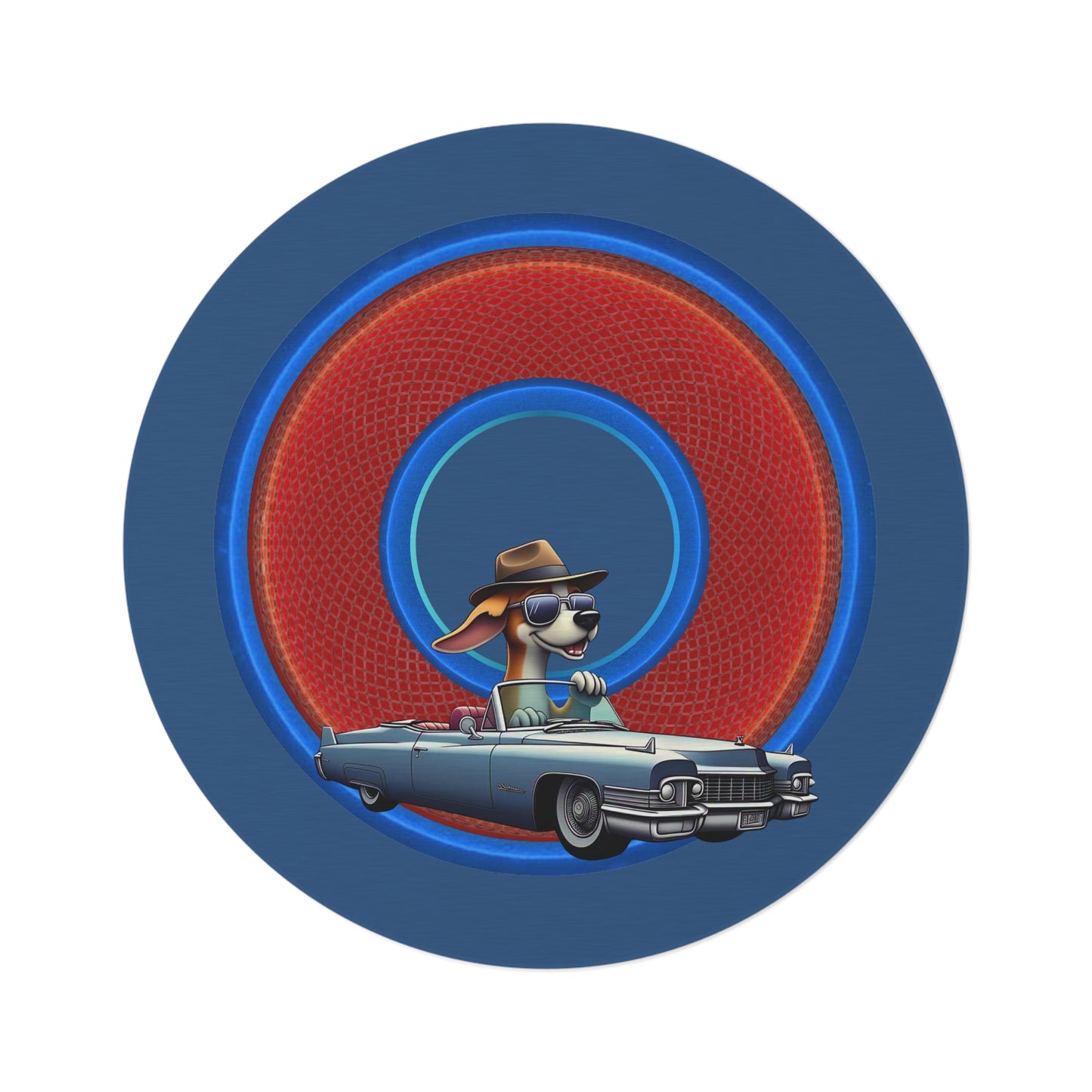 Round Room - 5 ft x 5 ft Lumpy Donut Rug - "Jimmy's Runaway Donut Rug" - rustic red/blue donut w/light navy background - variant 1