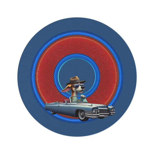 Round Room - 5 ft x 5 ft Lumpy Donut Rug - "Jimmy's Runaway Donut Rug" - rustic red/blue donut w/light navy background - variant 1