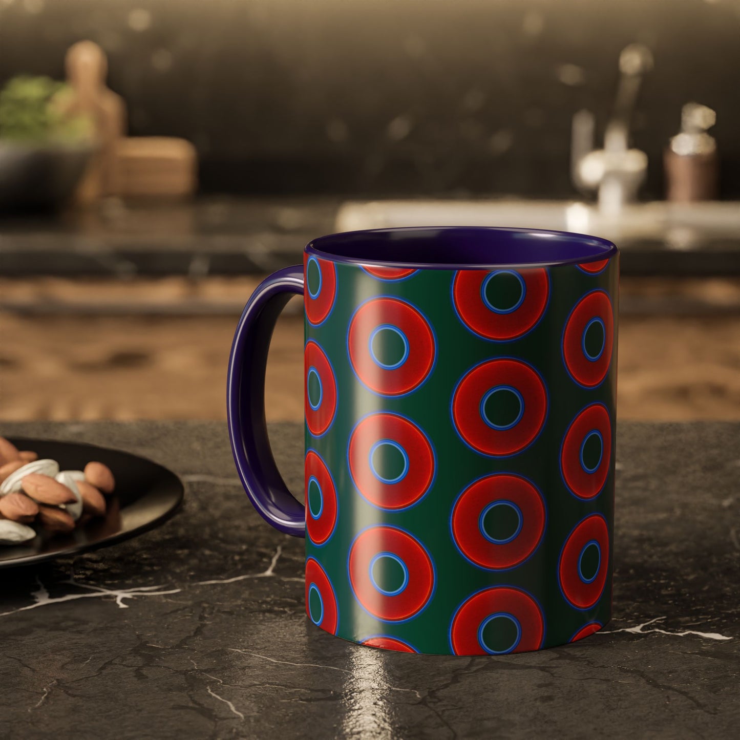 Lump's Grumpy Coffee Mug - vivid red donuts w/dark Fenway green background