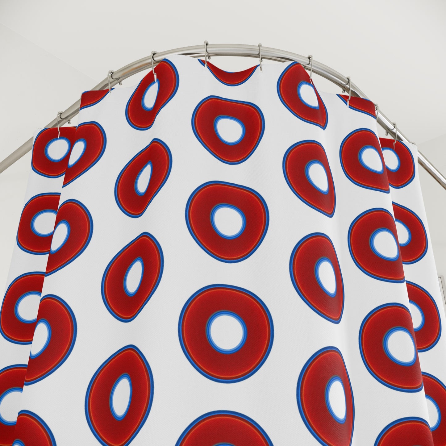 The Curtain With "Donuts" - Lumpy Bath Time Fun - vivid red donuts w/white background