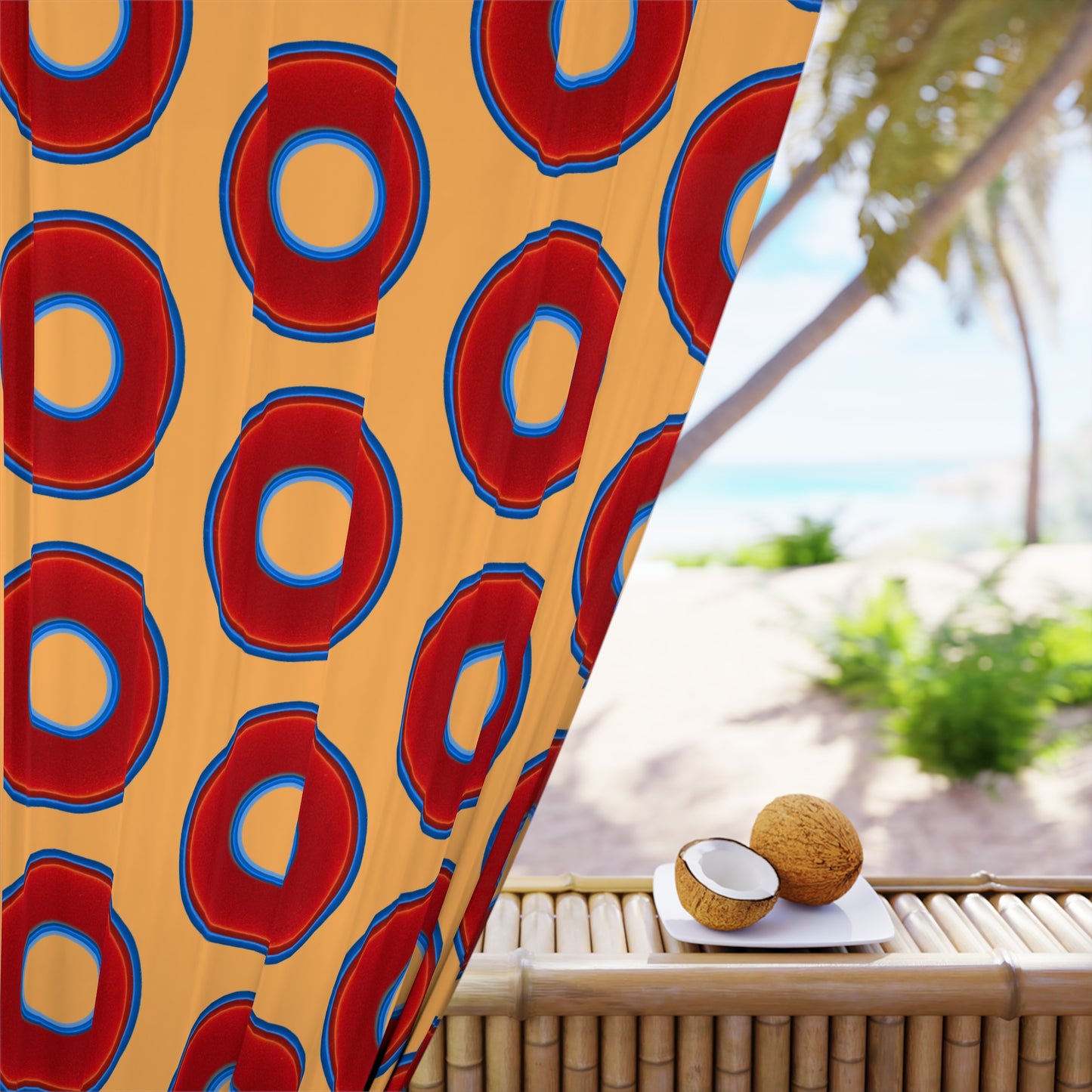 Lump's Heady Curtain w/Donuts - vivid red donut print - w/creamsicle orange background - [*1 Piece / 50" x 84"]