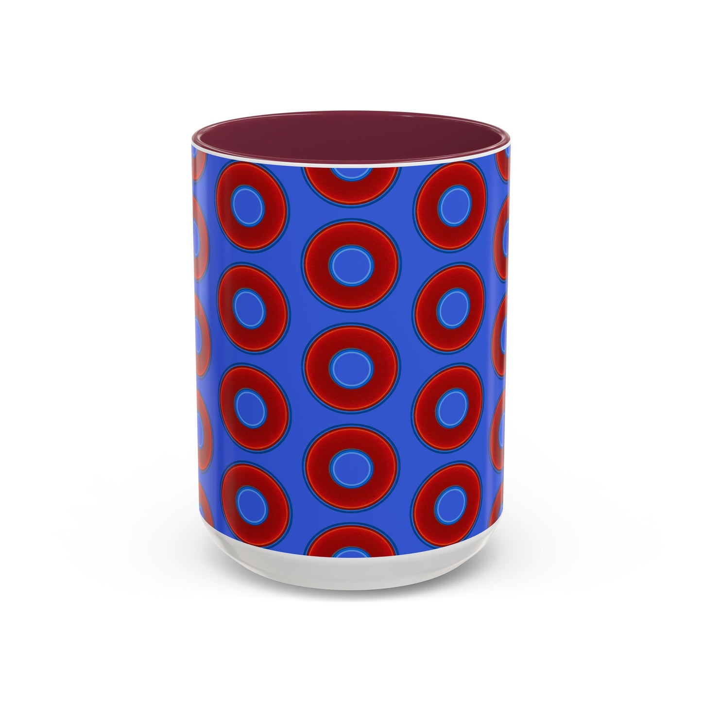 Lump's Grumpy Coffee Mug - vivid red donuts w/royal blue background