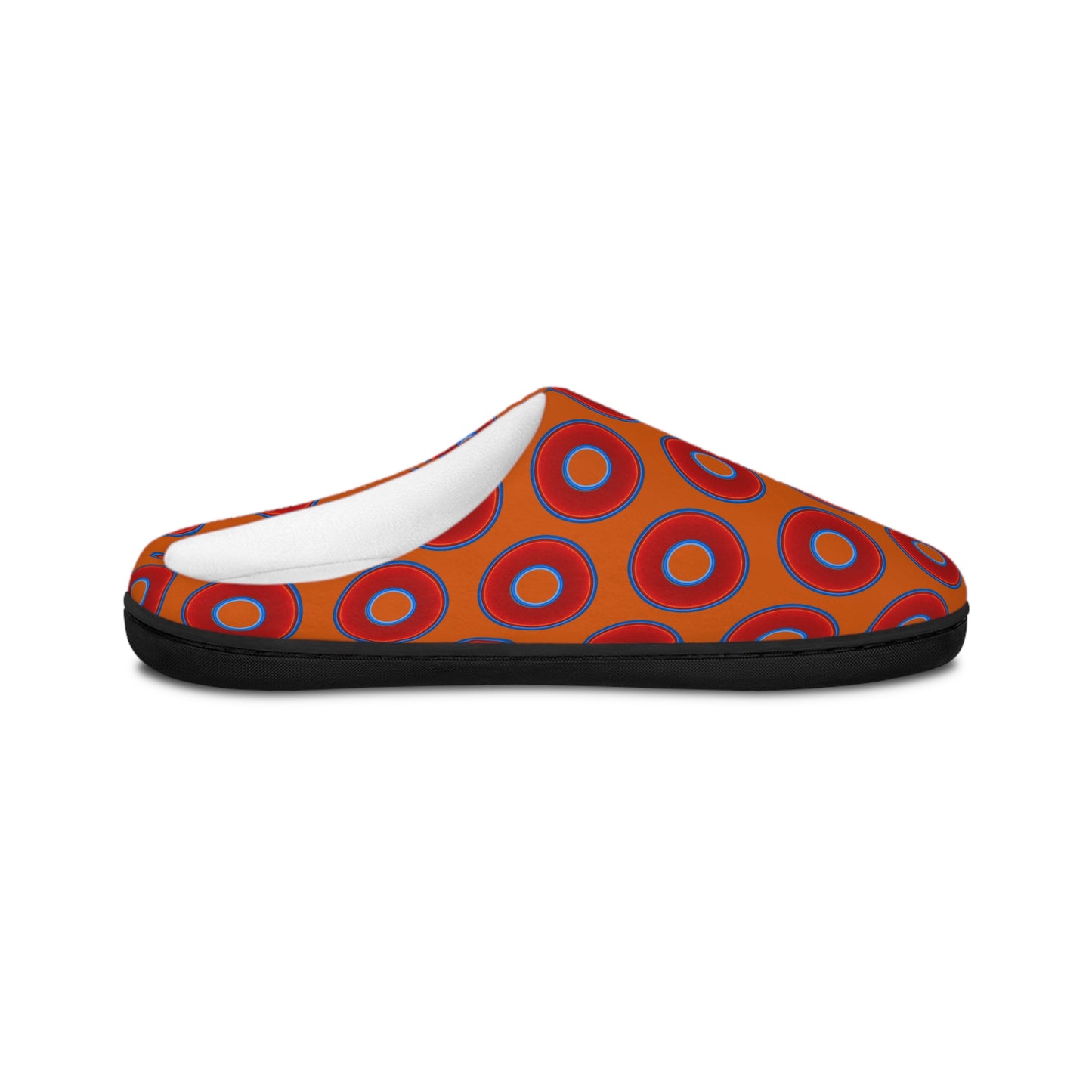 Women's Lumpy Slippers - red vivid donut print w/orange background