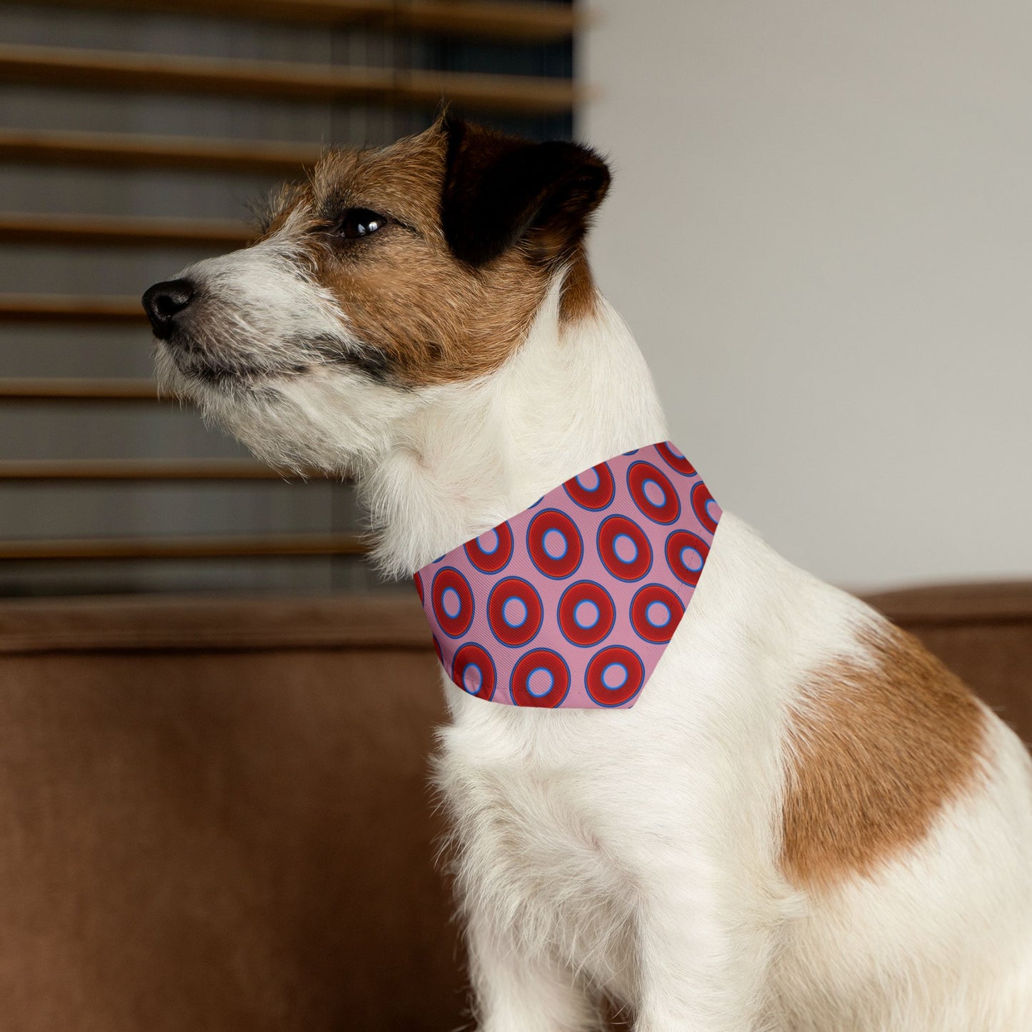 Jim's Lumpy Bandana Pet Collar - vivid red donuts w/pale magenta background