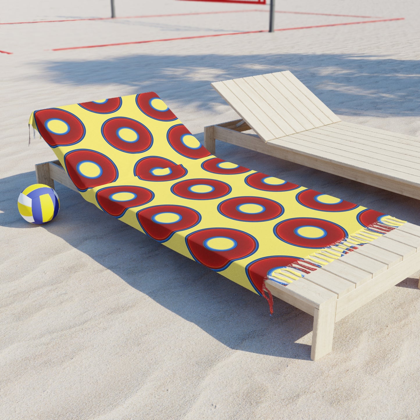 Oversized Lumpy Beach Towel - vivid red donuts w/yellow background