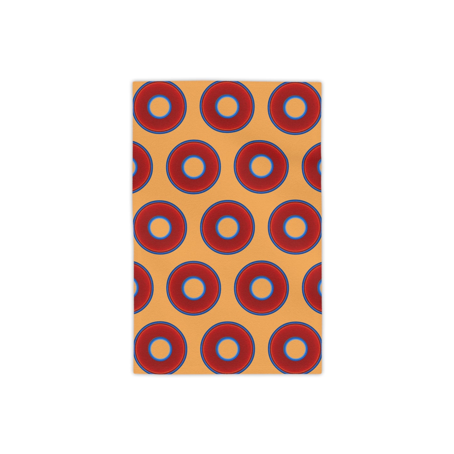 Lumpy Donut Towels - vivid red donuts w/creamsicle orange background